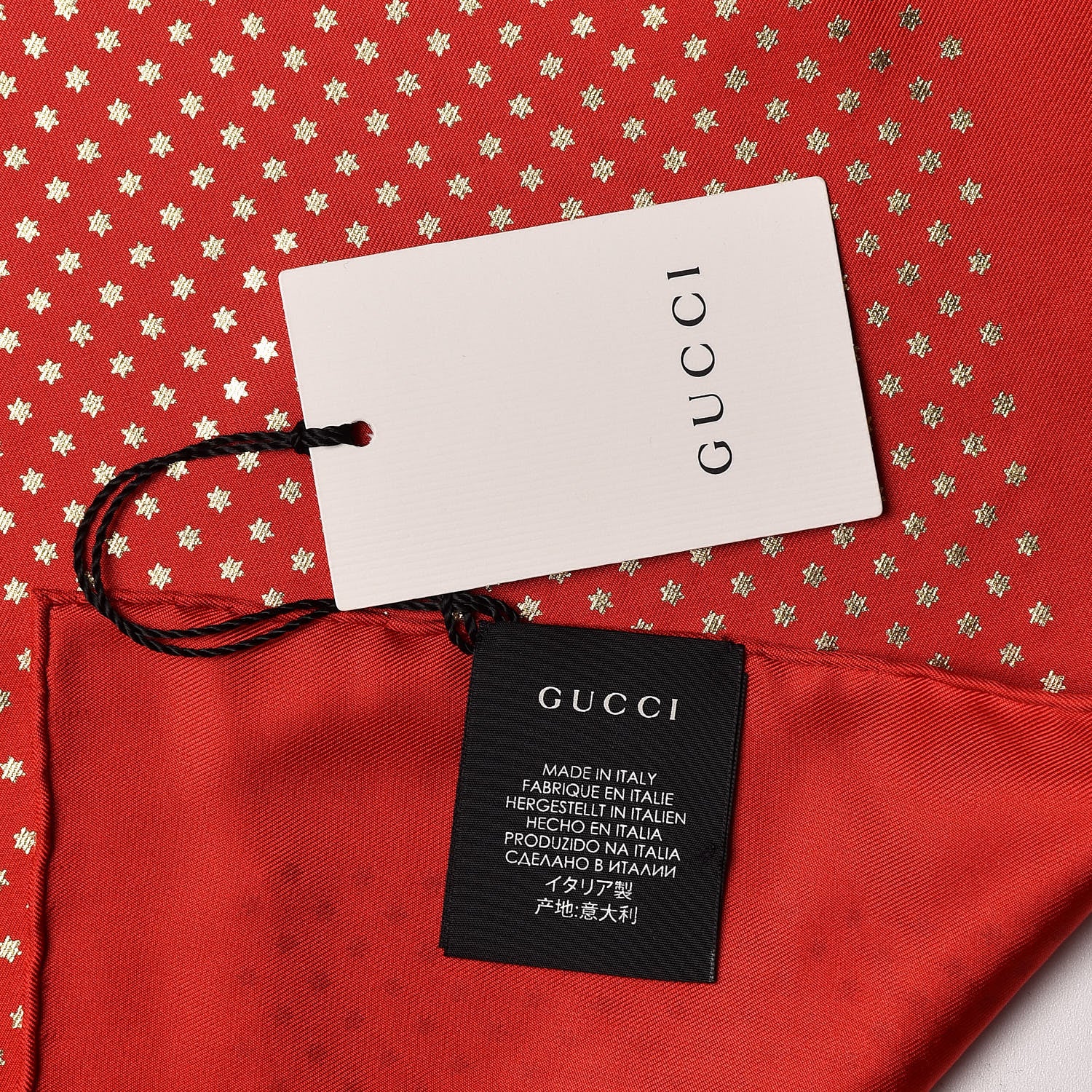 Gucci X SEGA Silk GUCCY Stars Print Square Scarf Flame Red Gold 4 of 6