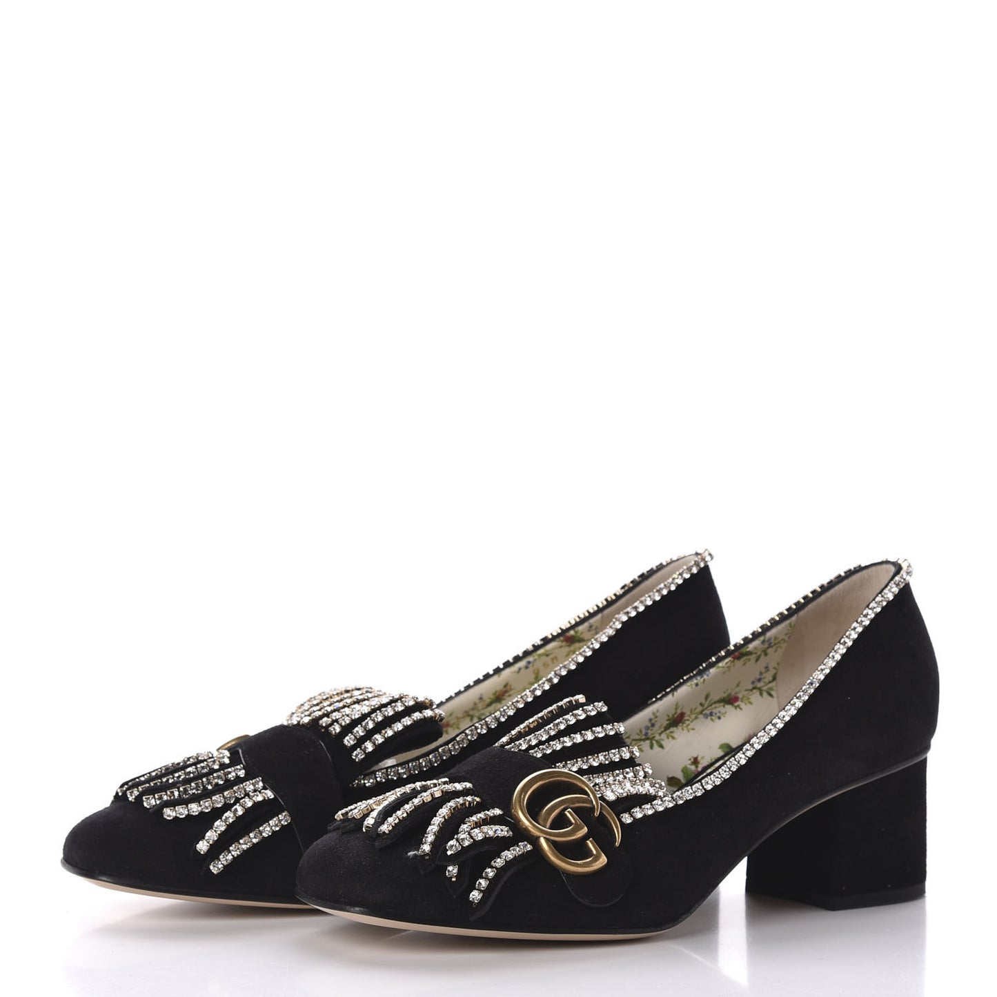 Kid Scamosciato Crystal GG Marmont Fringe 50mm Loafer Pumps 39 Black