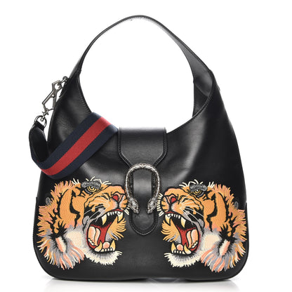 Gucci Calfskin Web Tiger Embroidered Medium Dionysus Hobo Black 1 of 8