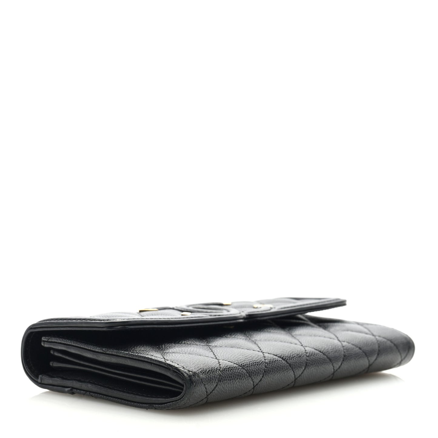 Caviar Quilted Filigree Large Gusset Flap Wallet Black