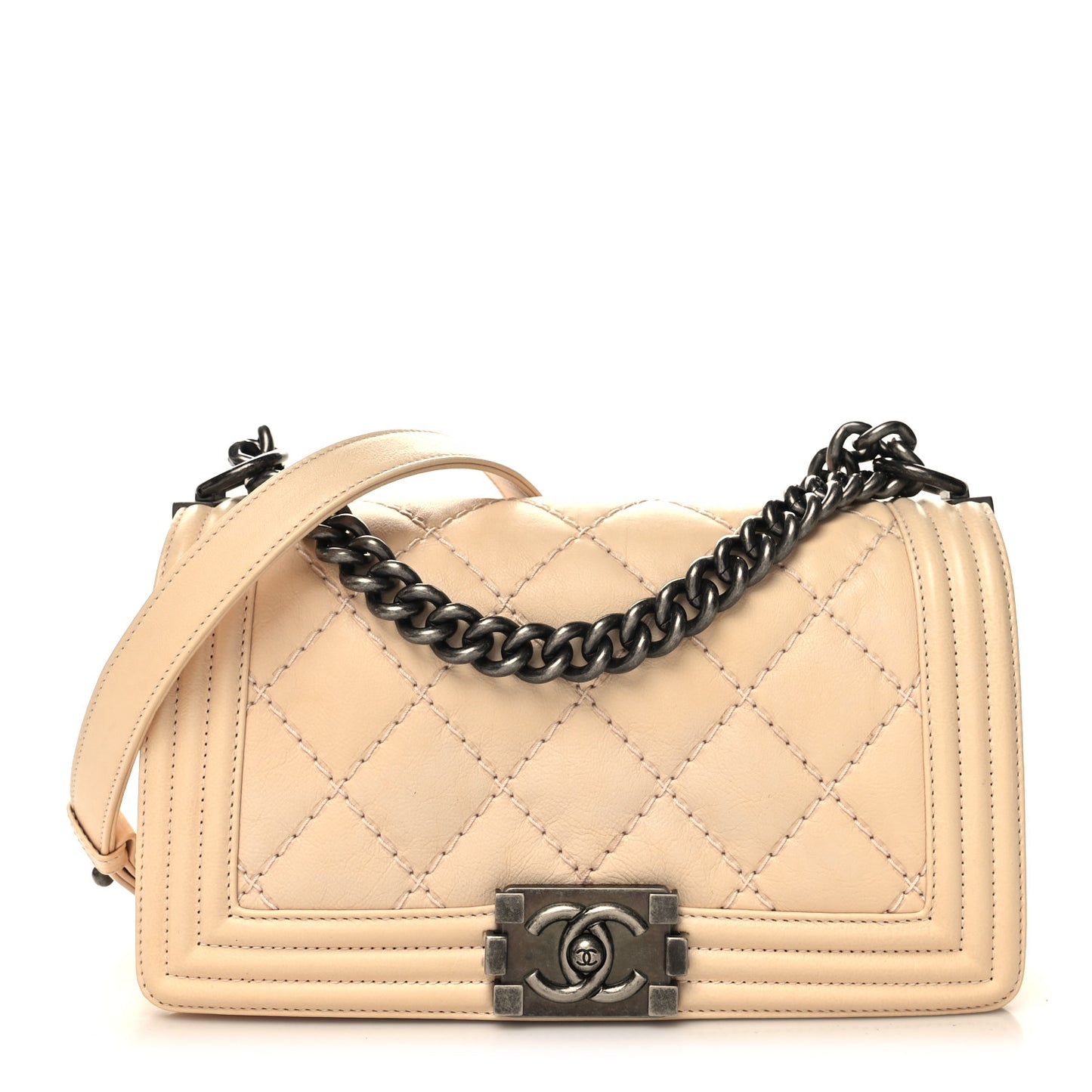 Calfskin Quilted Double Stitch Medium Boy Flap Beige