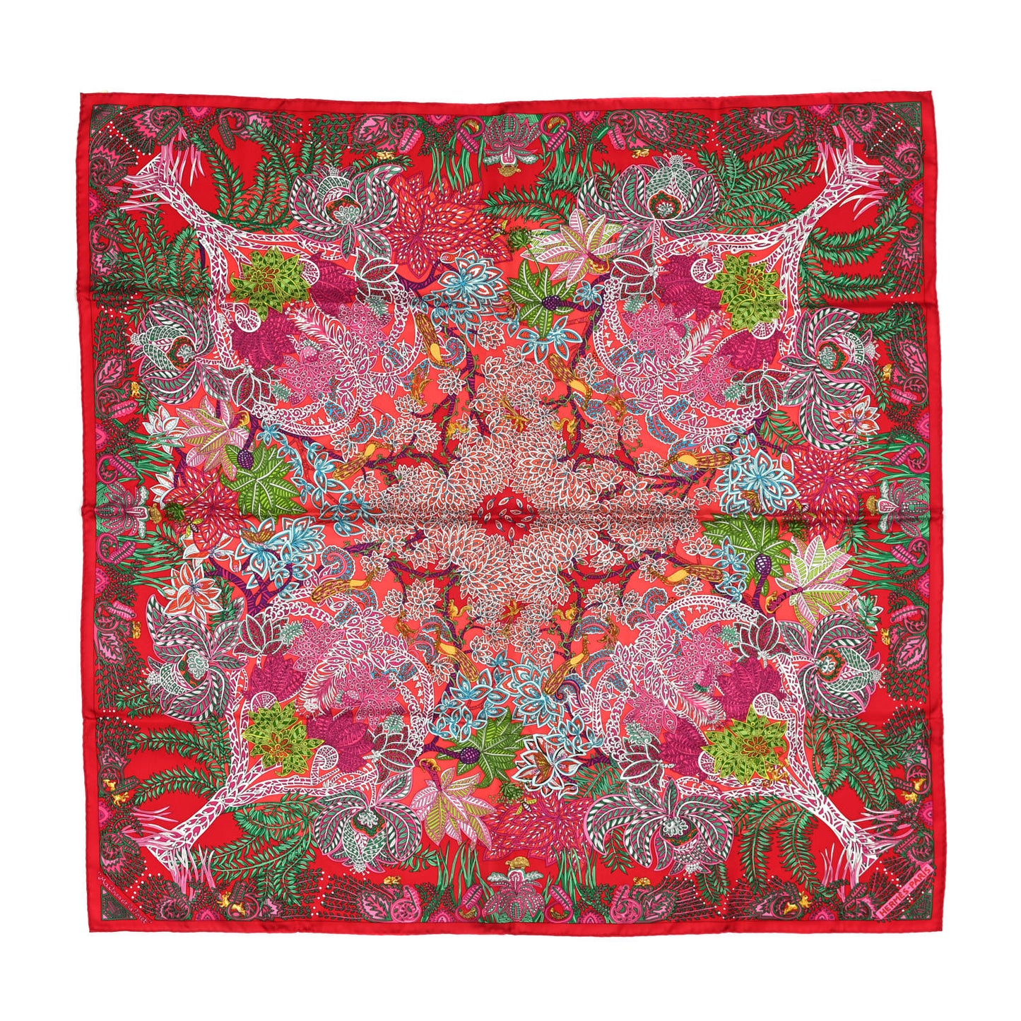 Silk Maitre de la Foret Scarf 90 Rouge Vert Fuchsia
