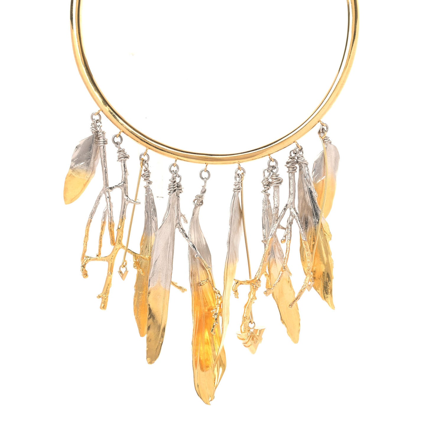 Metal Feathers Crew Necklace Gold Silver