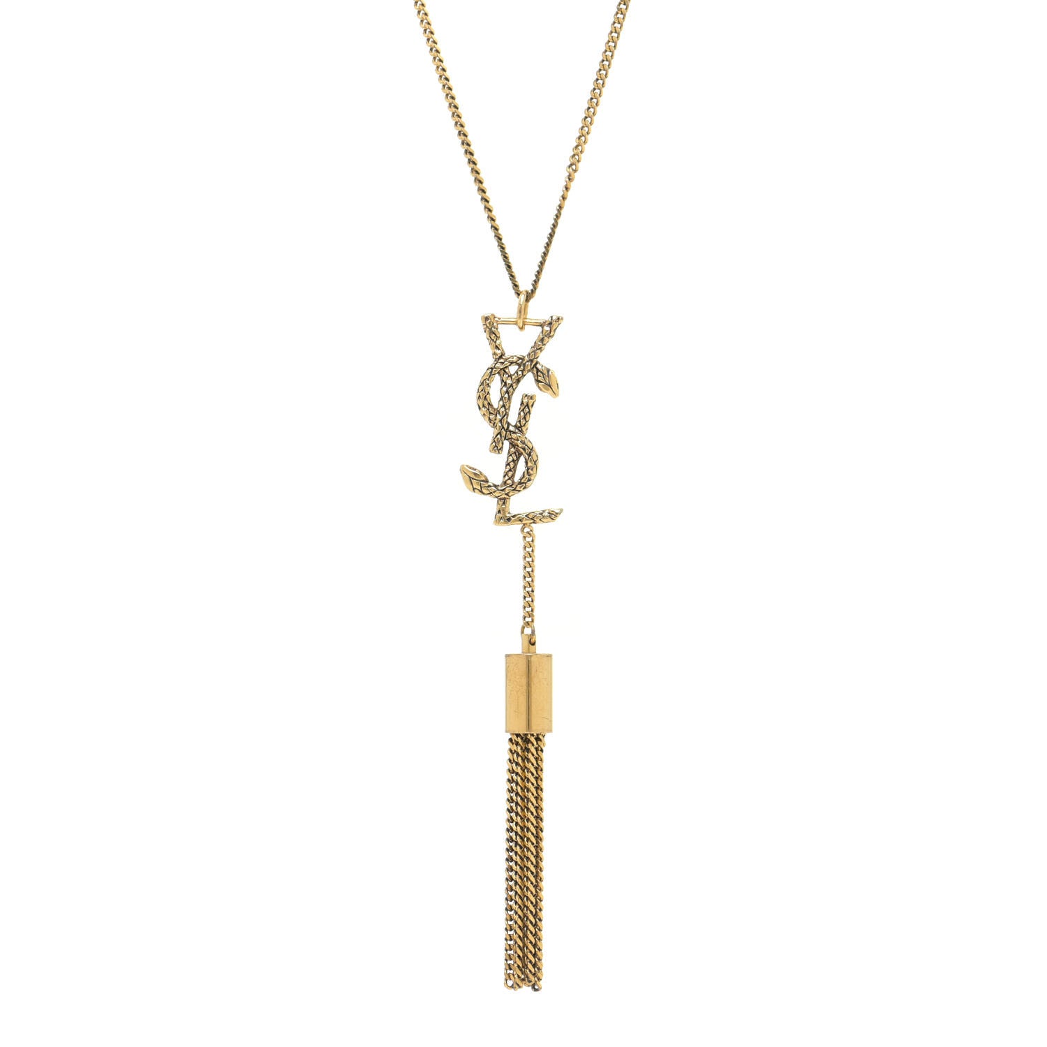 Saint Laurent Brass Snake Monogram Tassel Necklace Gold 4 of 7
