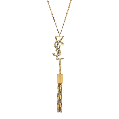 Saint Laurent Brass Snake Monogram Tassel Necklace Gold 4 of 7