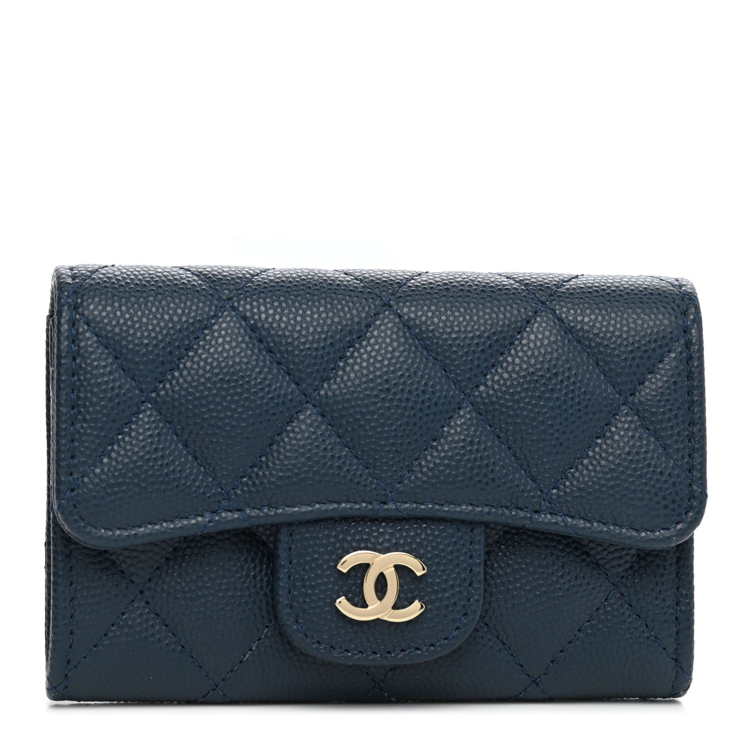 Caviar Quilted Flap Card Holder Navy Blue