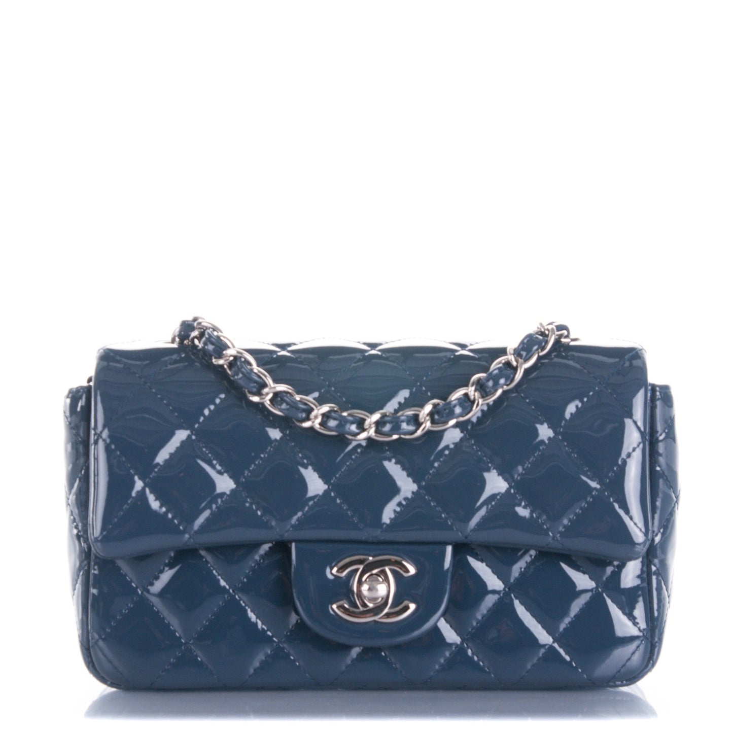 Patent Calfskin Quilted Mini Rectangular Flap Blue