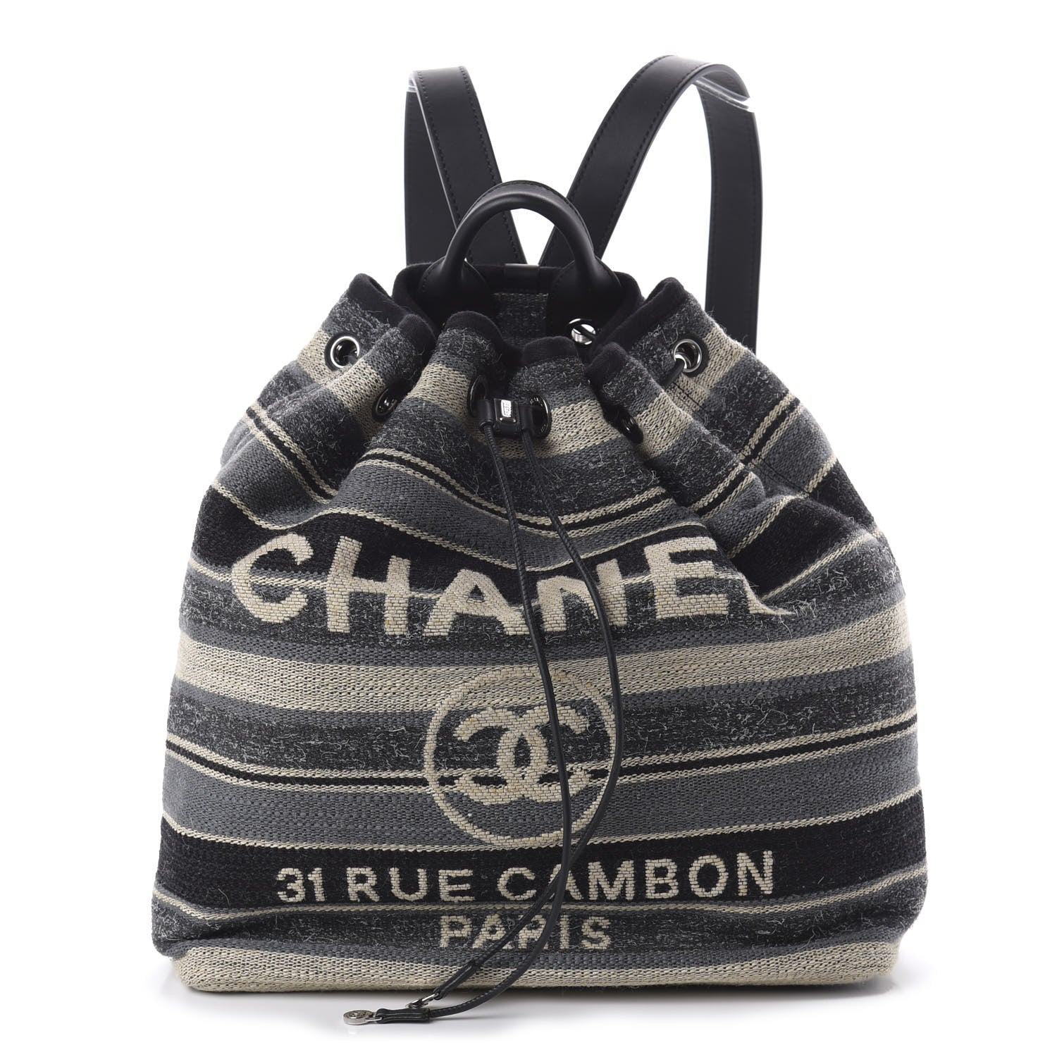 Chanel Striped Canvas Large Deauville Backpack Gray Black 1 of 10