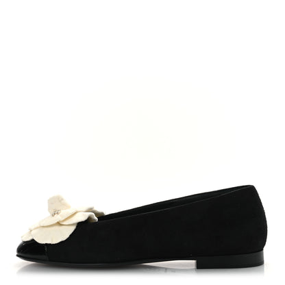 Chanel Suede Patent Cap Toe Camellia Ballerina Flats 36.5 Black White 1 of 10