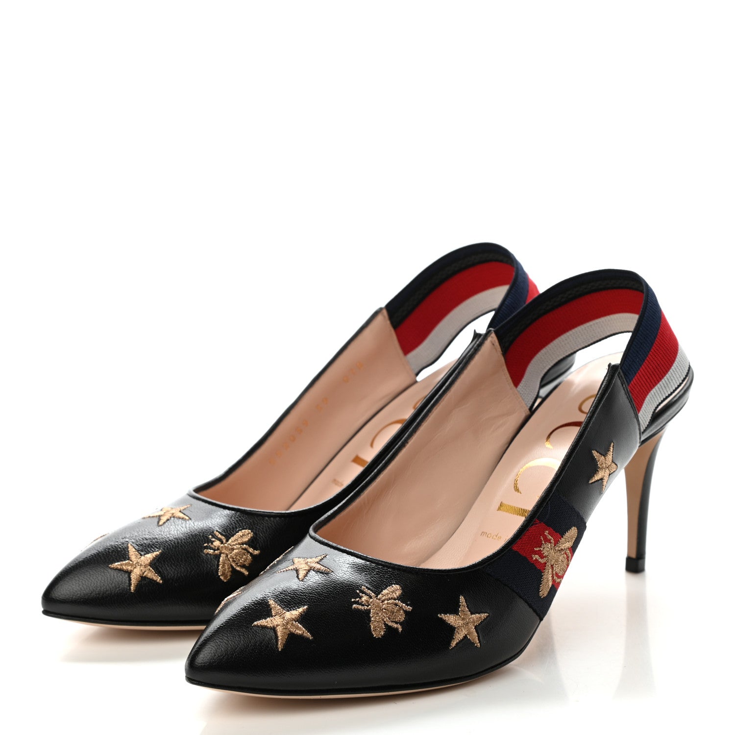 Gucci Calfskin Web Bee Star Embroidered Sylvie Mid Heel Slingback Pumps 39 Black 3 of 10