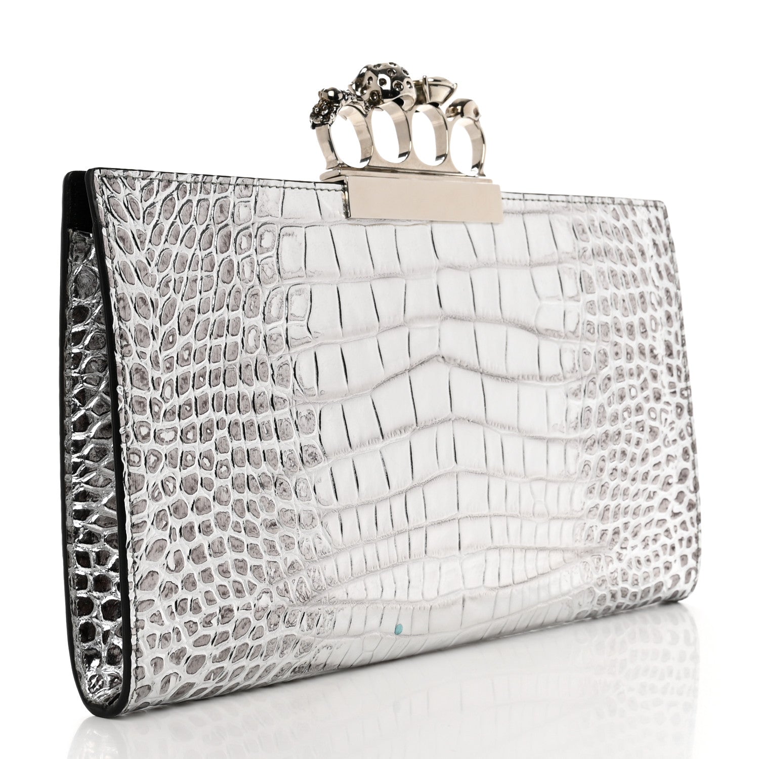 Alexander McQueen Metallic Calfskin Crocodile Embossed Four Ring Flat Pouch Bag Silver 3 of 10