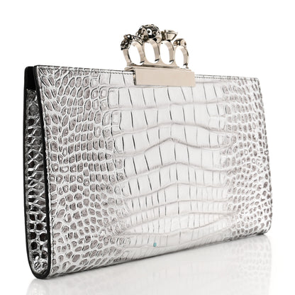 Alexander McQueen Metallic Calfskin Crocodile Embossed Four Ring Flat Pouch Bag Silver 3 of 10