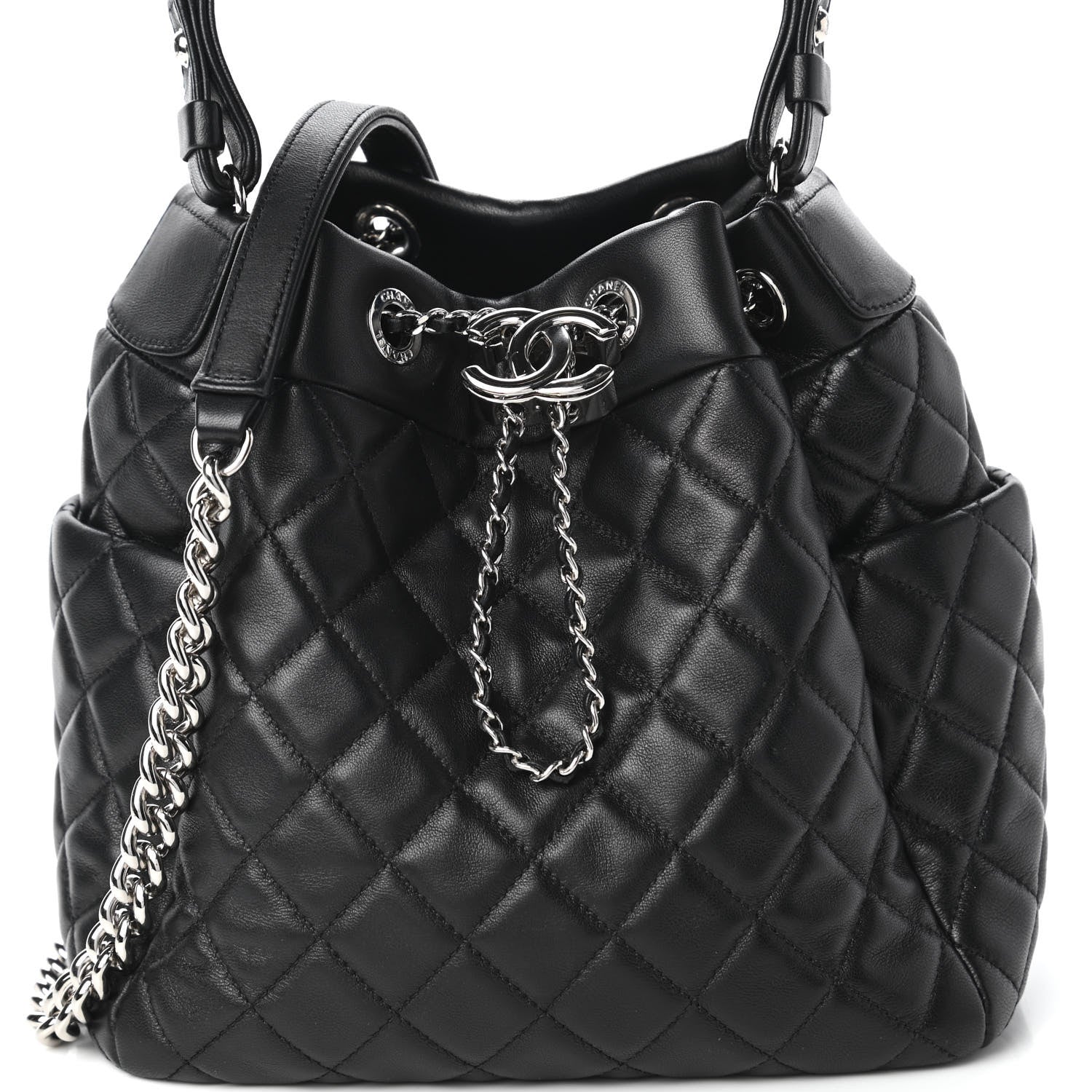 Chanel Lambskin Quilted Small CC Chain Bucket Drawstring Bag Black 9 of 9