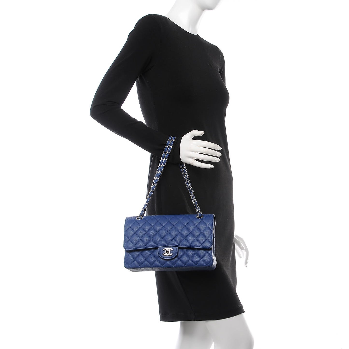 Caviar Quilted Medium Double Flap Dark Blue