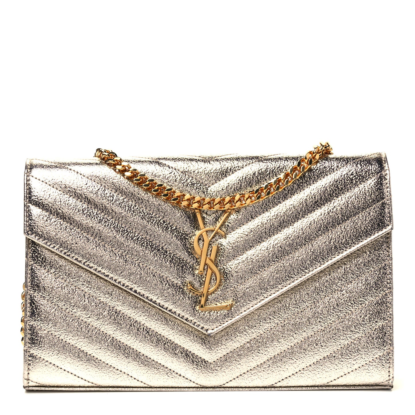Metallic Grain De Poudre Matelasse Chevron Monogram Chain Wallet Gold