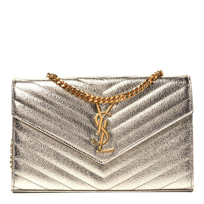 Saint Laurent Metallic Grain De Poudre Matelasse Chevron Monogram Chain Wallet Gold 1 of 8