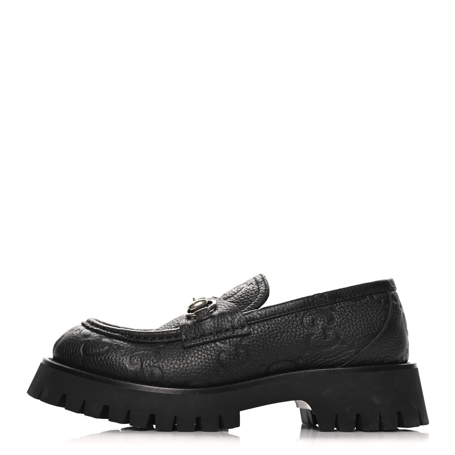Gucci Piuma Calfskin Embossed Womens Platform Lug Sole Loafers 37.5 Black 1 of 10