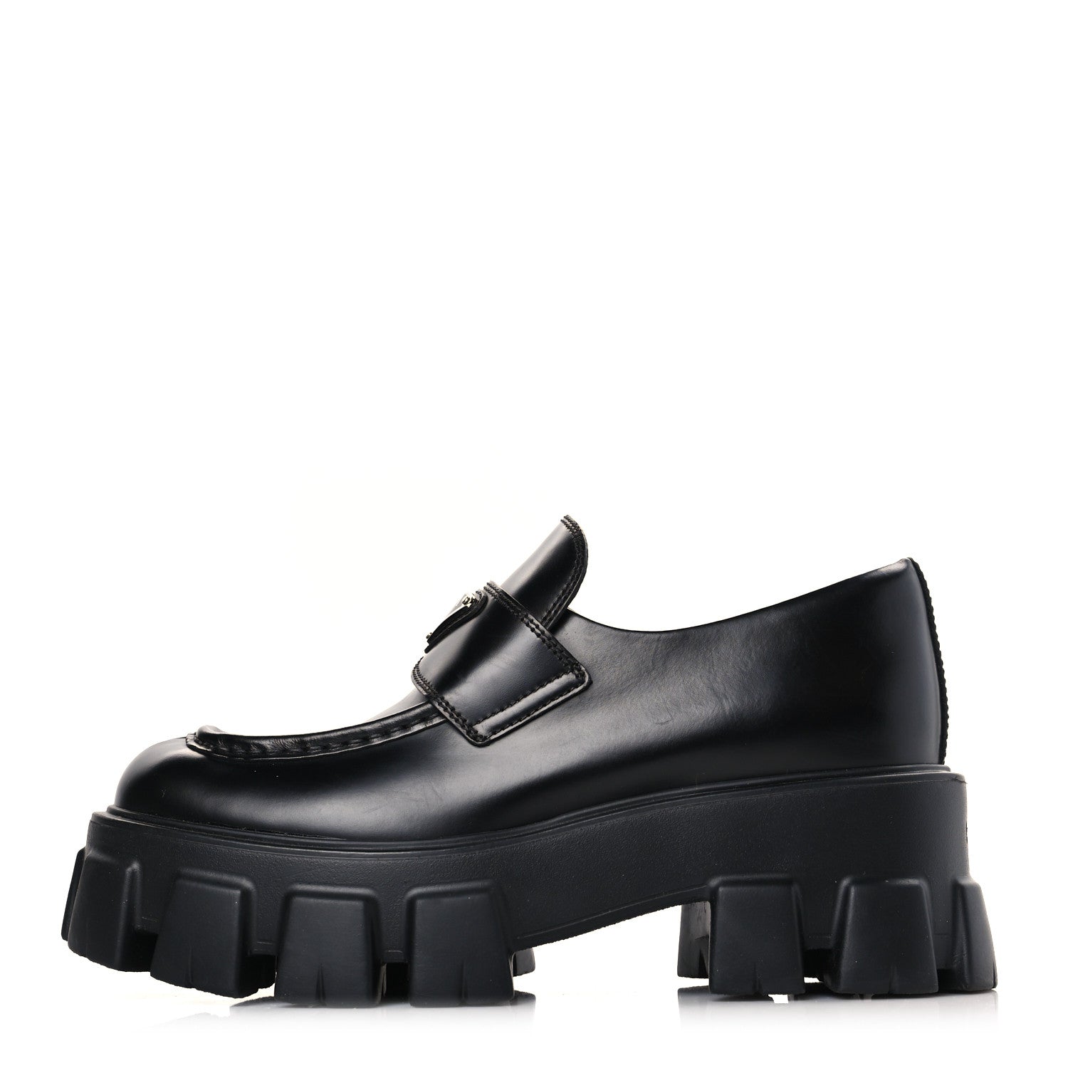 Prada Spazzolato Rois Metal Triangle Logo Monolith 55mm Loafers 37.5 Black 1 of 8