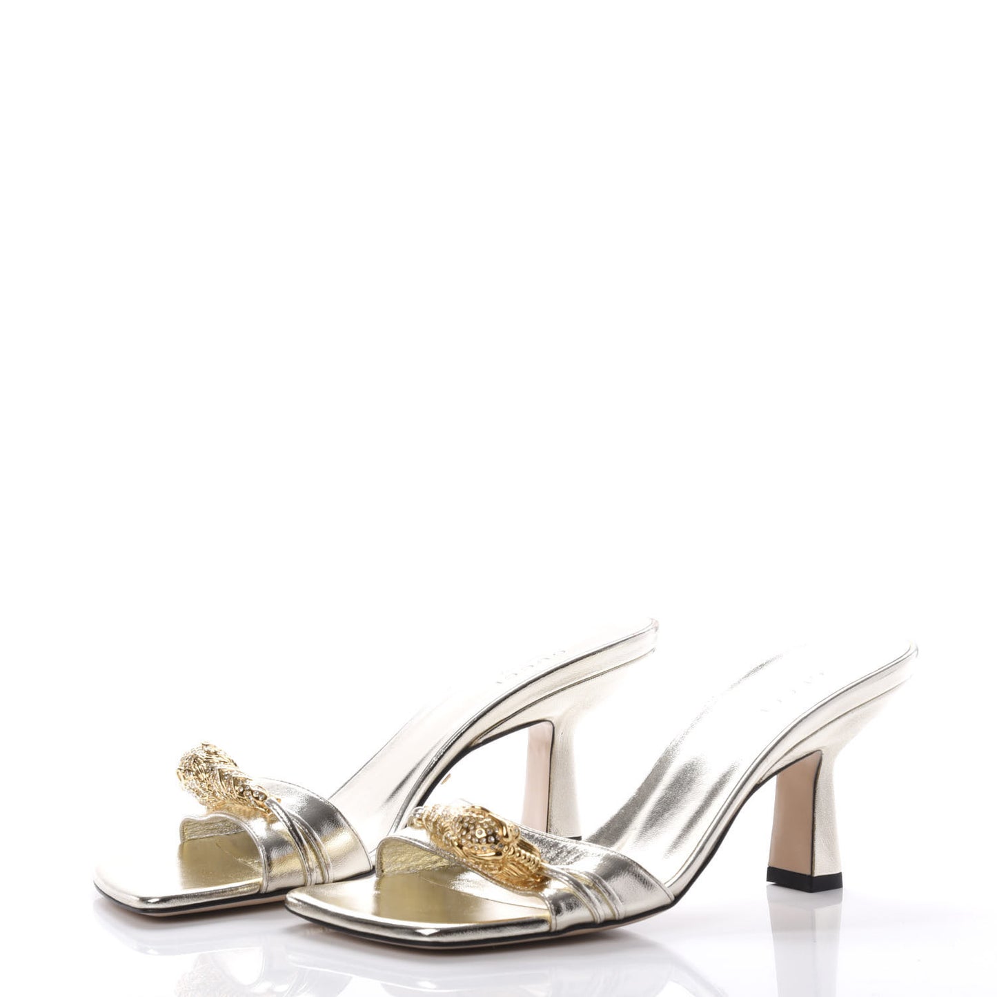 Metallic Nappa Dora Tiger Head Mid Heel Slide Sandals 37 Platino
