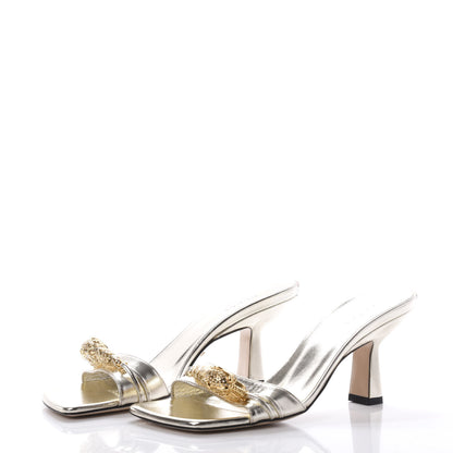 Gucci Metallic Nappa Dora Tiger Head Mid Heel Slide Sandals 37 Platino 3 of 9