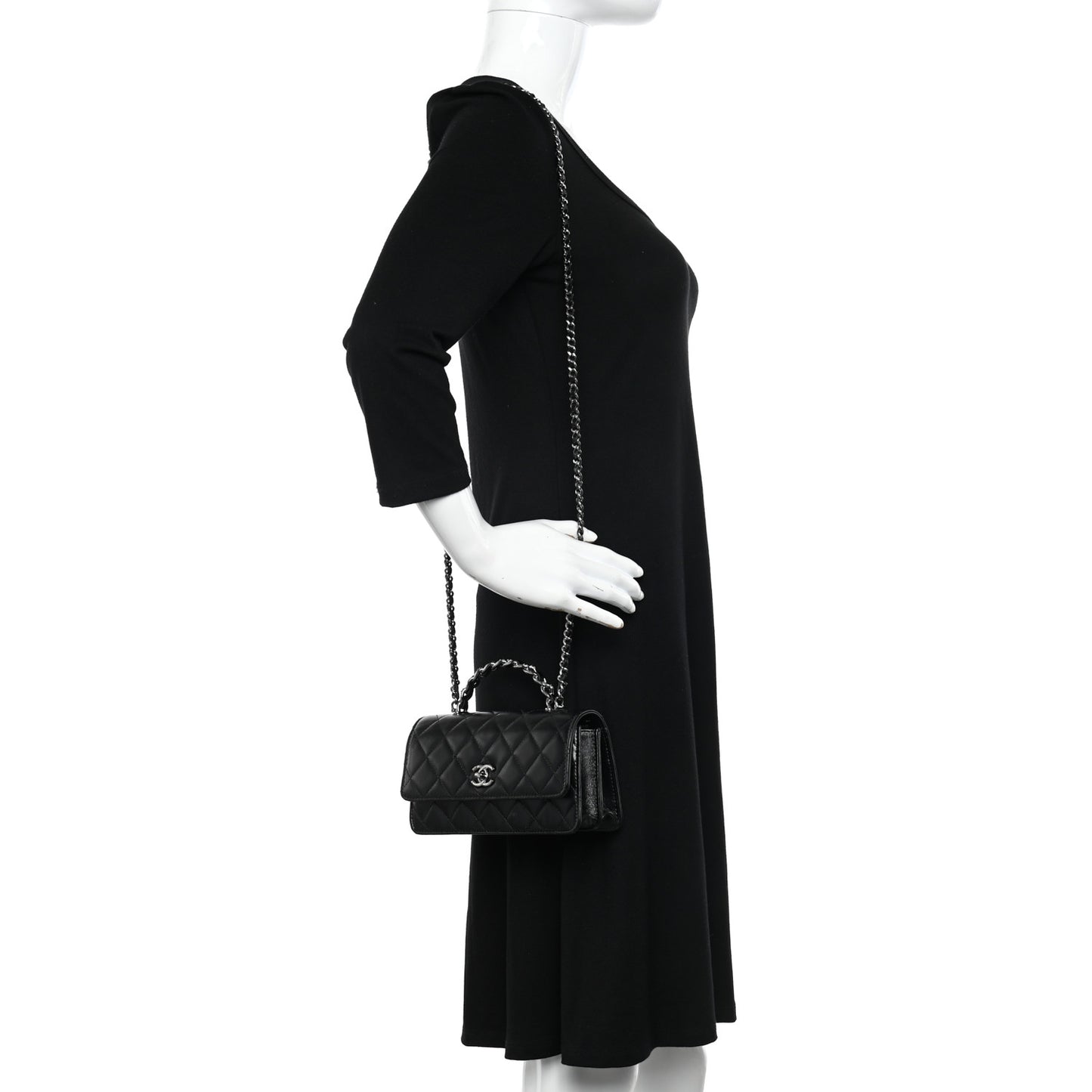 Shiny Crumpled Calfskin Strass Quilted Top Handle Clutch With Chain Black