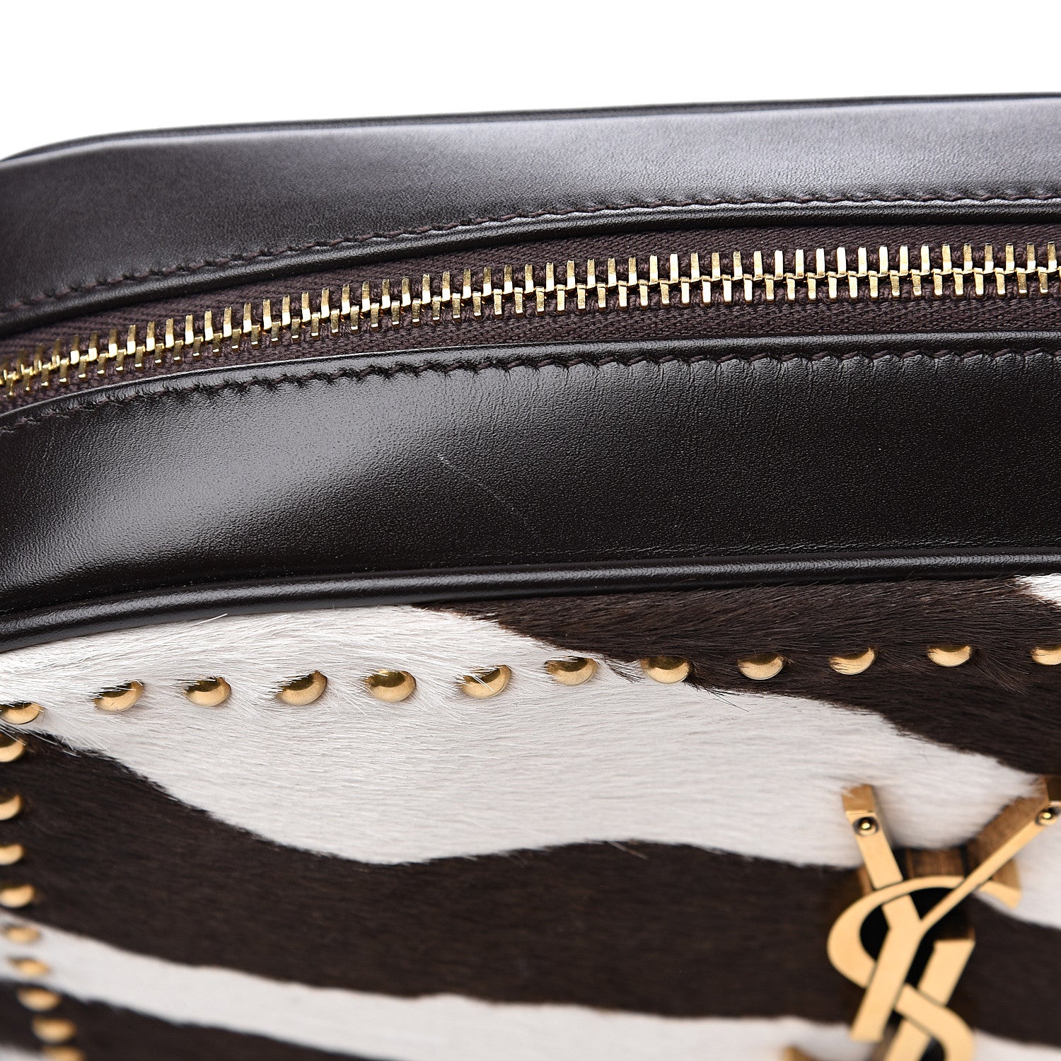 Saint Laurent Pony Hair Calfskin Studded Monogram Lou Camera Bag Dusty White Brown 6 of 9