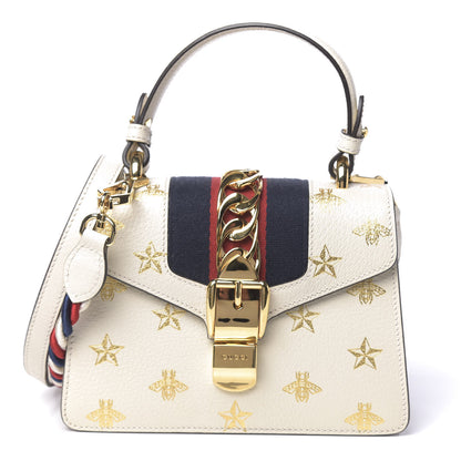 Gucci Textured Calfskin Bee Star Print Mini Sylvie Top Handle Bag Mystic White 1 of 11