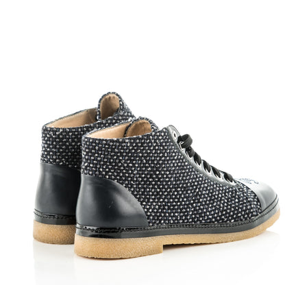 Chanel Tweed Calfskin Patent CC Lace Up Short Boots 40.5 Black Grey Dark Navy 4 of 7