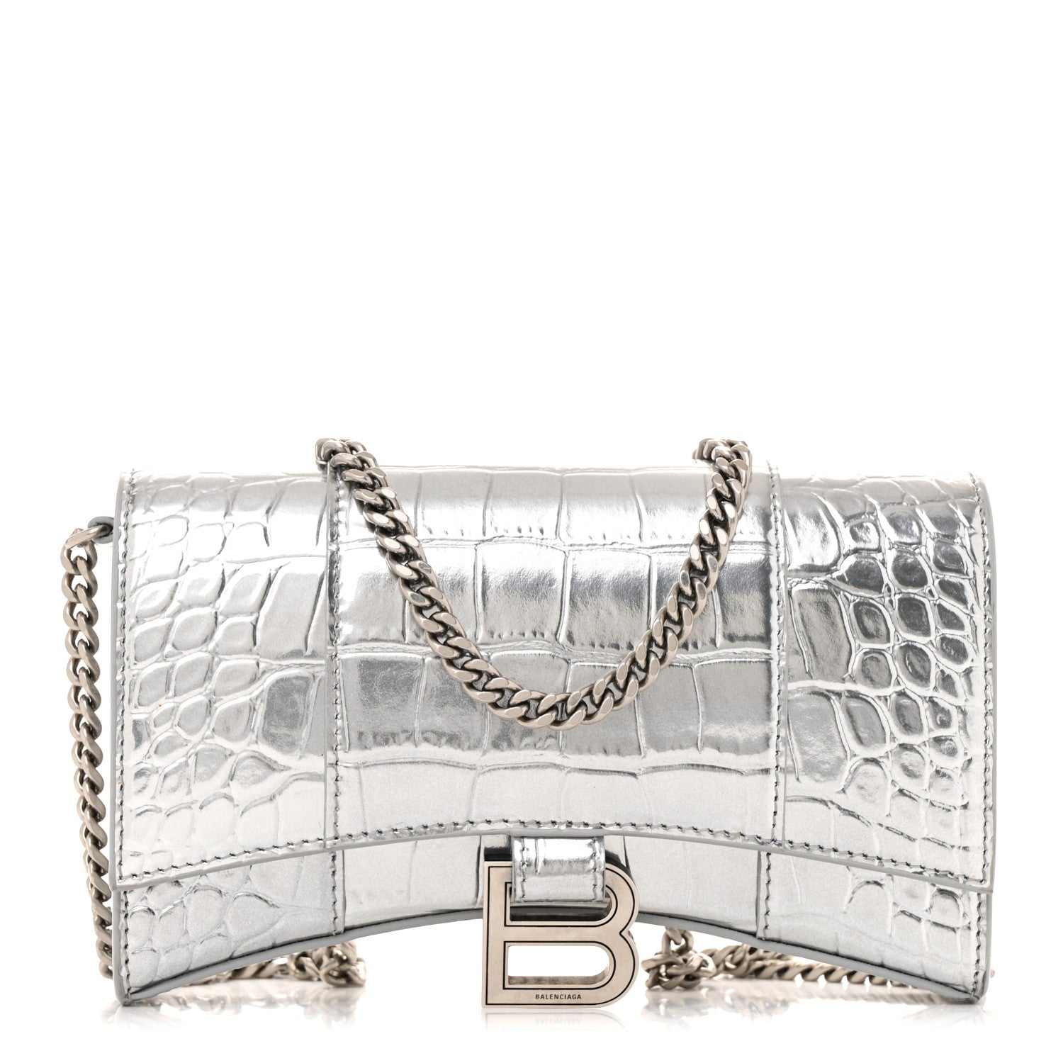 Balenciaga Metallic Calfskin Crocodile Embossed Hourglass Chain Bag Silver 1 of 13