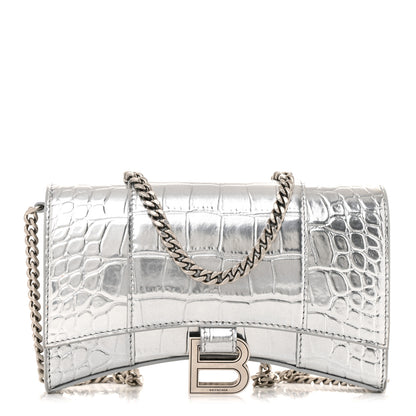 Balenciaga Metallic Calfskin Crocodile Embossed Hourglass Chain Bag Silver 1 of 13