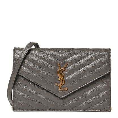Saint Laurent Grain De Poudre Matelasse Chevron Monogram Envelope Chain Wallet Earth 1 of 15