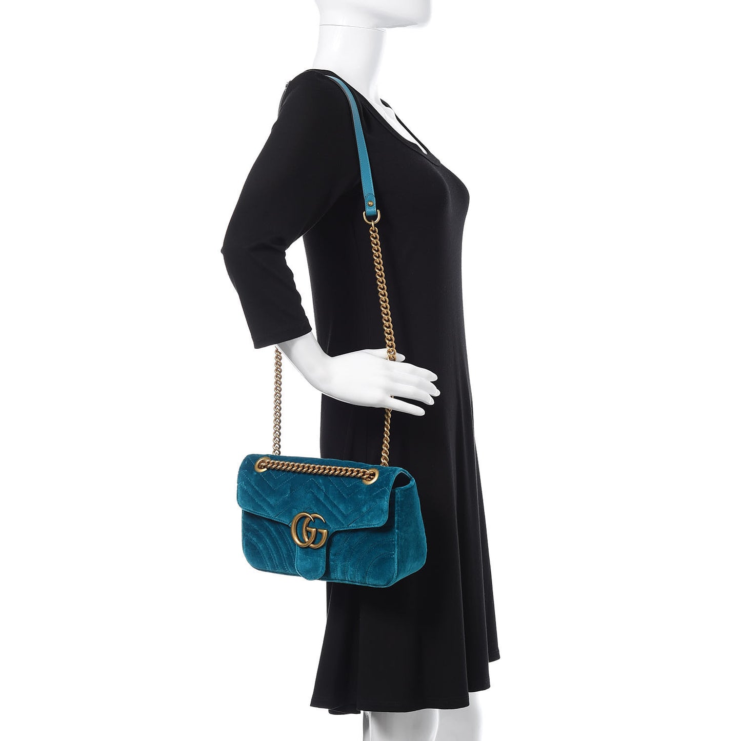 Velvet Matelasse Small GG Marmont Shoulder Bag Pavone Cyan
