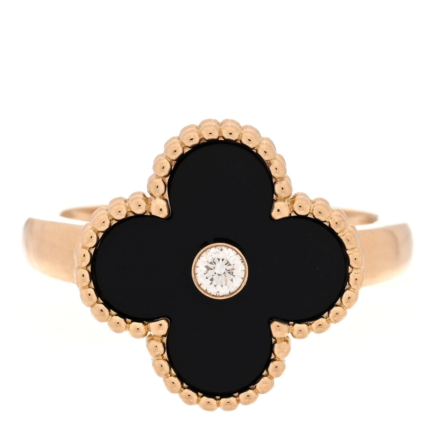 Van Cleef & Arpels 18K Yellow Gold Diamond Black Onyx Vintage Alhambra Ring 52 6 1 of 4