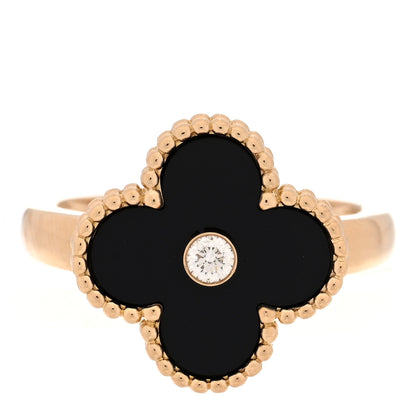 Van Cleef & Arpels 18K Yellow Gold Diamond Black Onyx Vintage Alhambra Ring 52 6 1 of 4