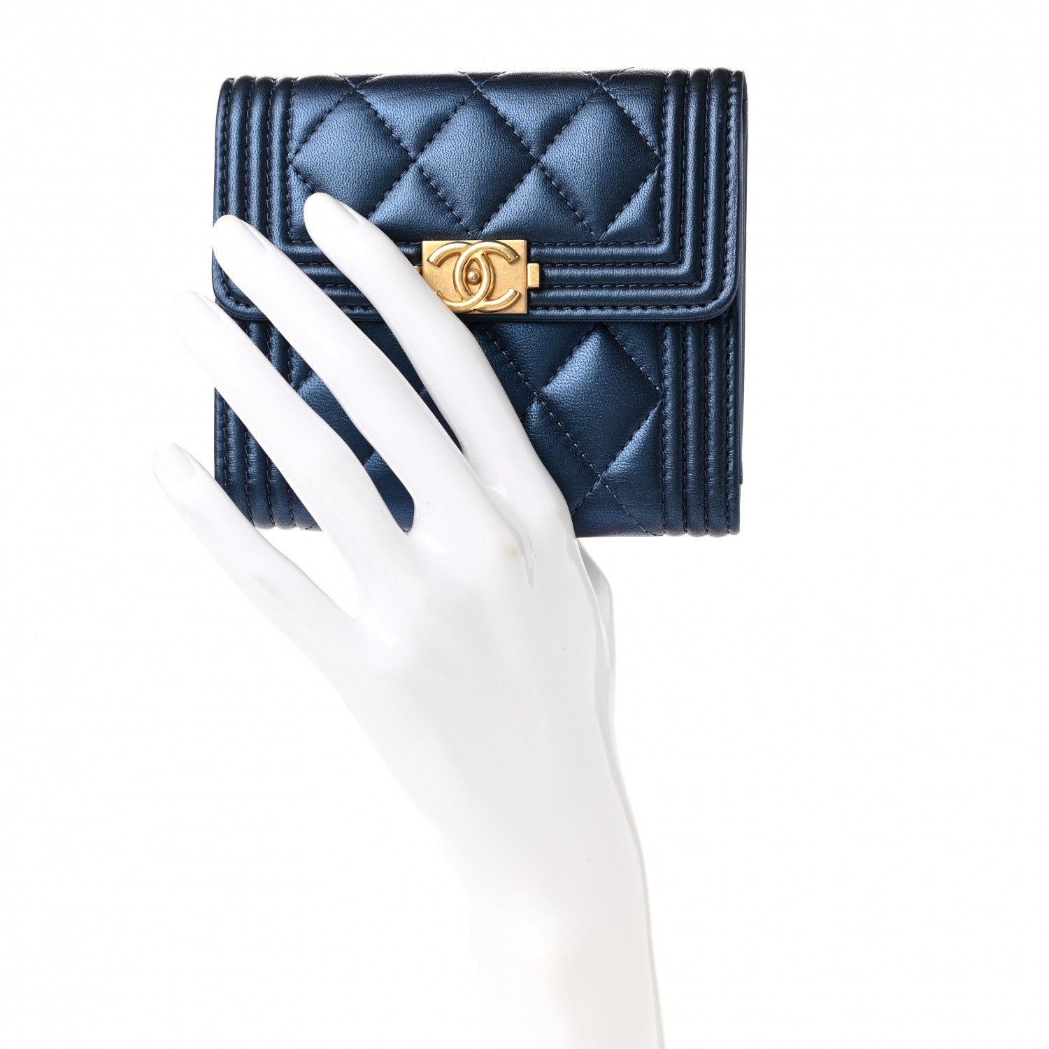 Chanel Metallic Lambskin Quilted Compact Boy Wallet Blue 2 of 9