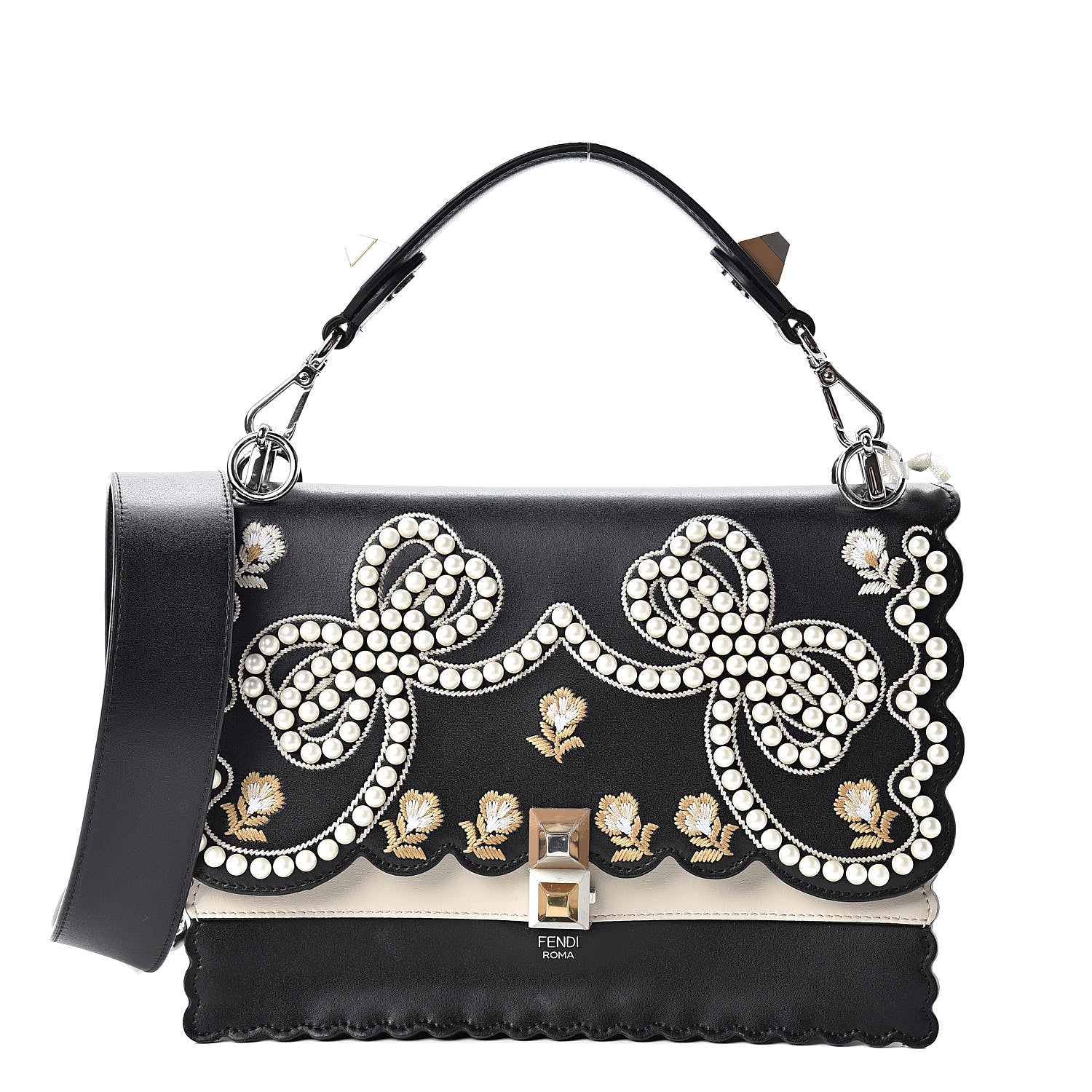 Fendi Vitello Liberty Pearl Bi-Color Flowers and Bows Scalloped Studded Kan I Shoulder Bag Black Camelia 1 of 12