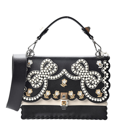 Fendi Vitello Liberty Pearl Bi-Color Flowers and Bows Scalloped Studded Kan I Shoulder Bag Black Camelia 1 of 12