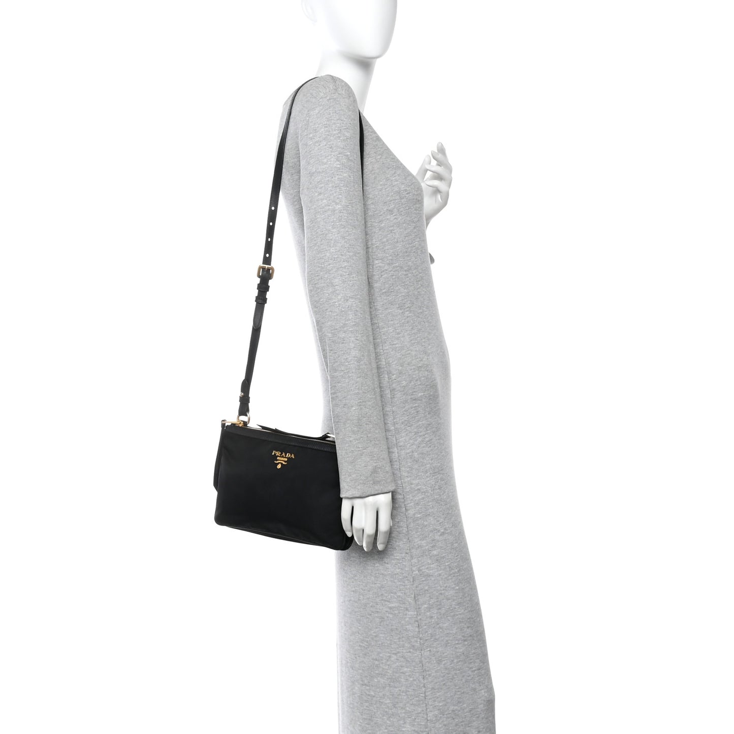 Tessuto Nylon Soft Calf Double Zip Crossbody Bag Black