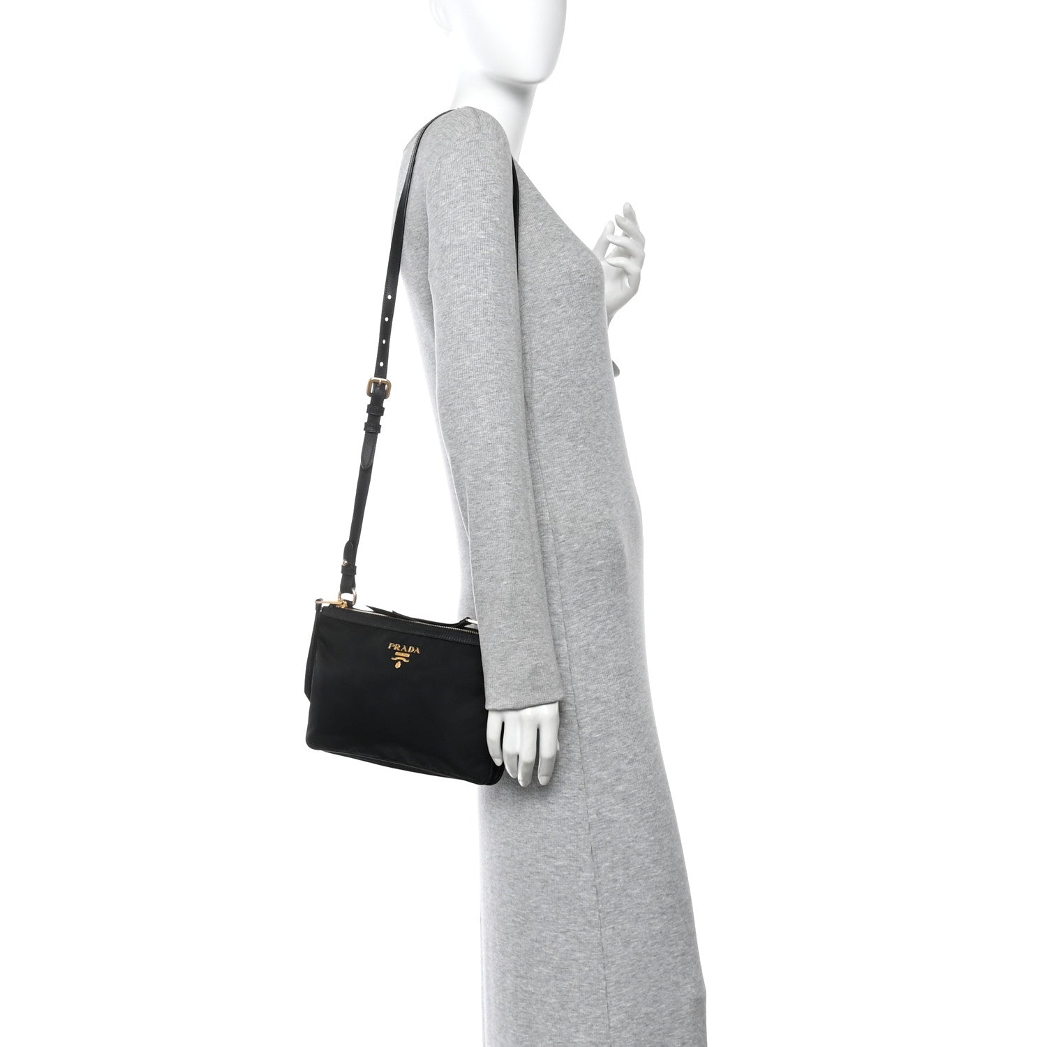 Prada Tessuto Nylon Soft Calf Double Zip Crossbody Bag Black 2 of 11