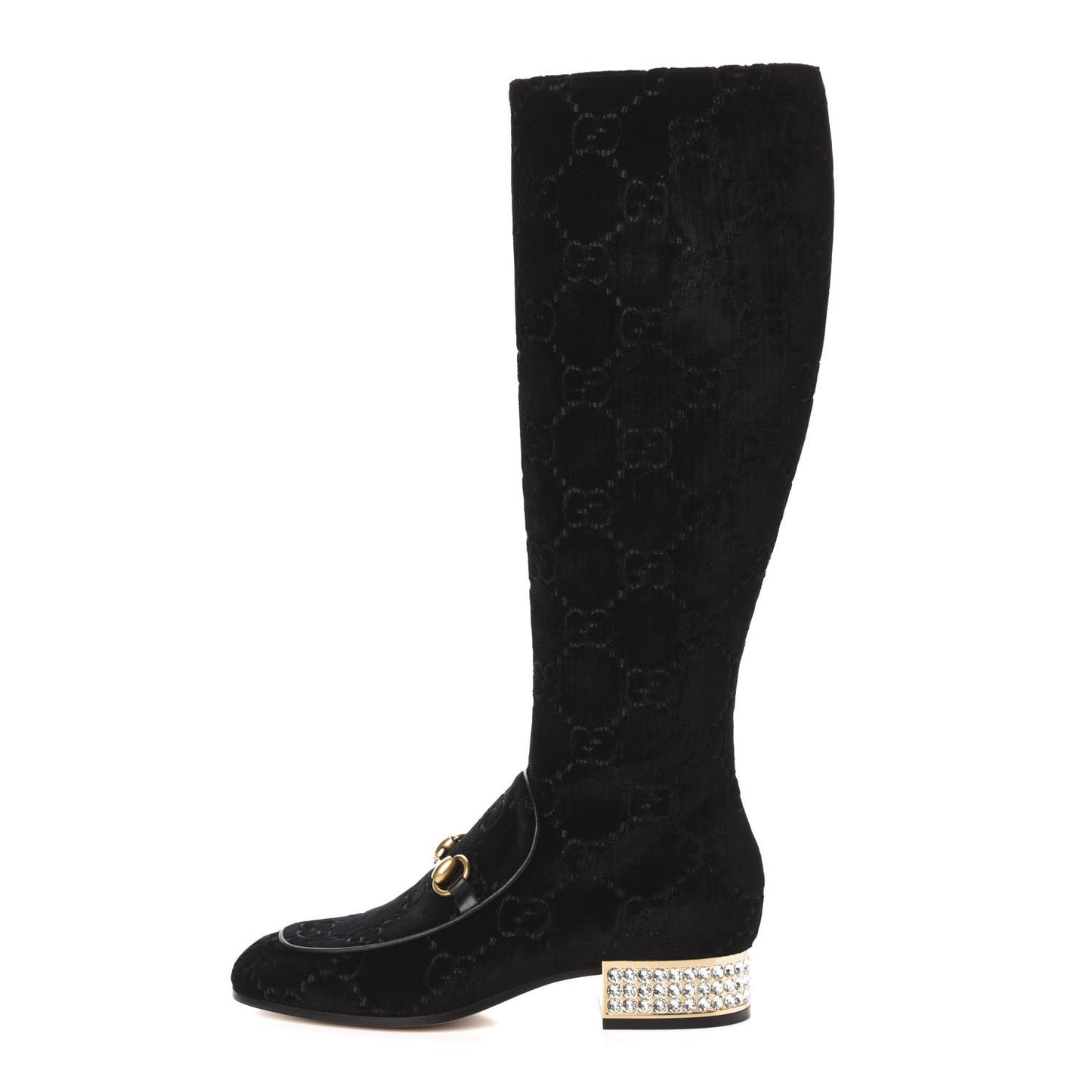 Velvet GG Monogram Crystal Horsebit Knee High Boots 36 Black