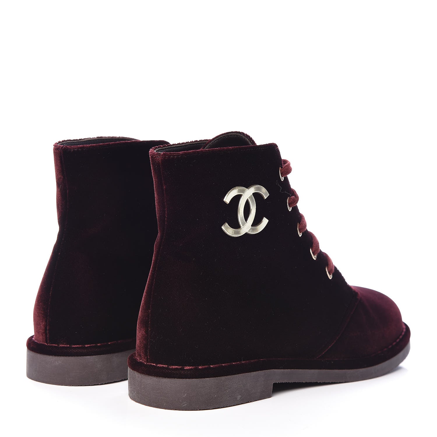 Chanel Velvet CC Lace Up Boots 36.5 Burgundy 4 of 9