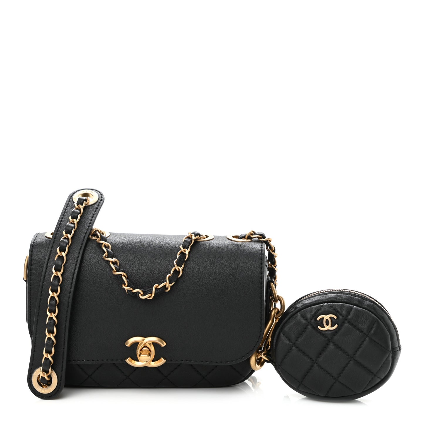 Calfskin Quilted Multi Pouching Flap And Coin Purse Black