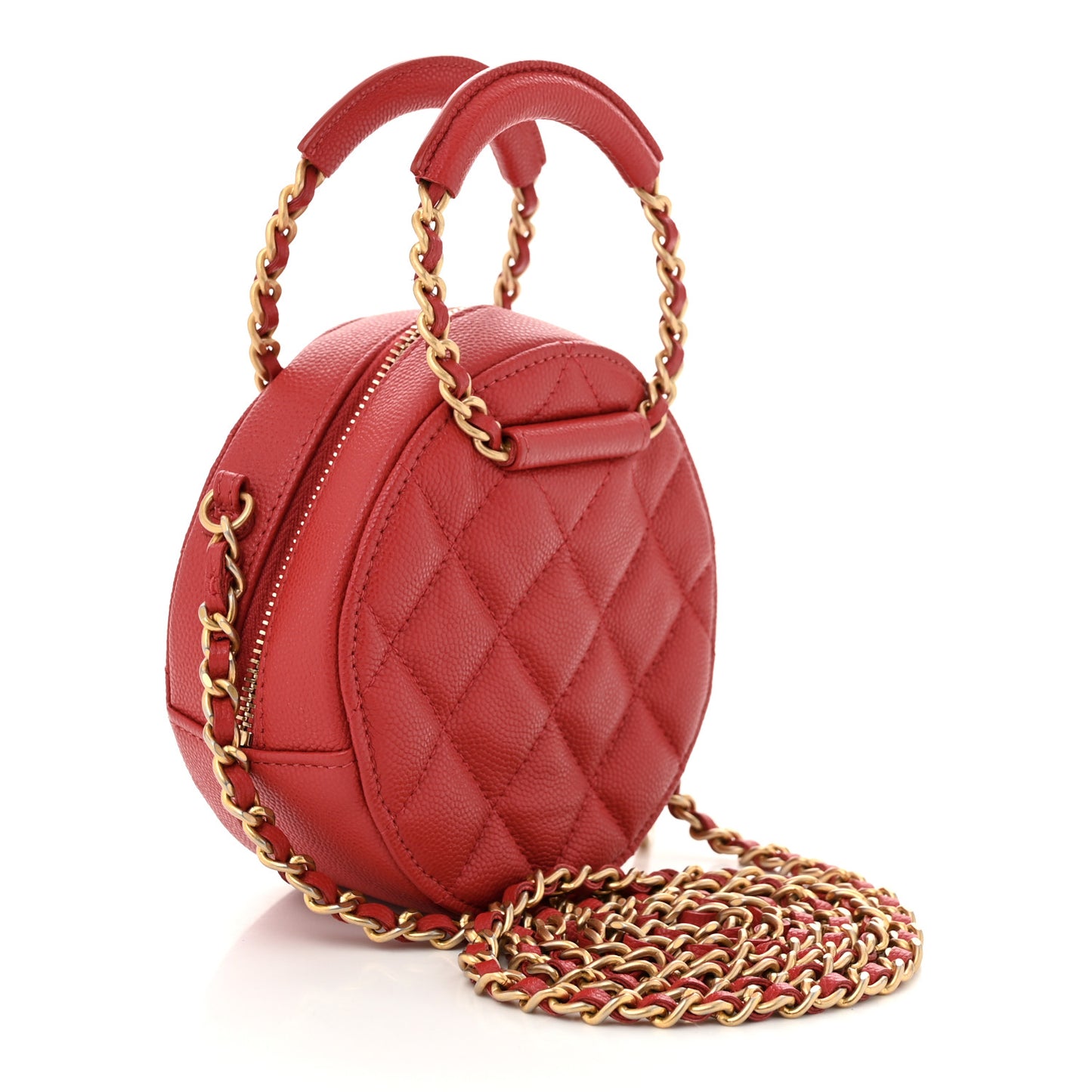 Caviar Quilted Chain Handle Round Clutch With Chain Bag  Red