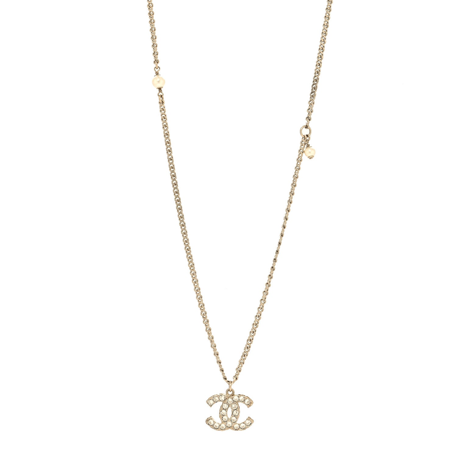 Chanel Metal Pearl Crystal CC Textured Pendant Necklace Gold 1 of 5
