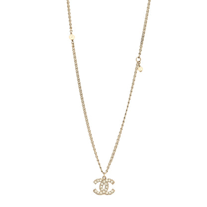 Chanel Metal Pearl Crystal CC Textured Pendant Necklace Gold 1 of 5