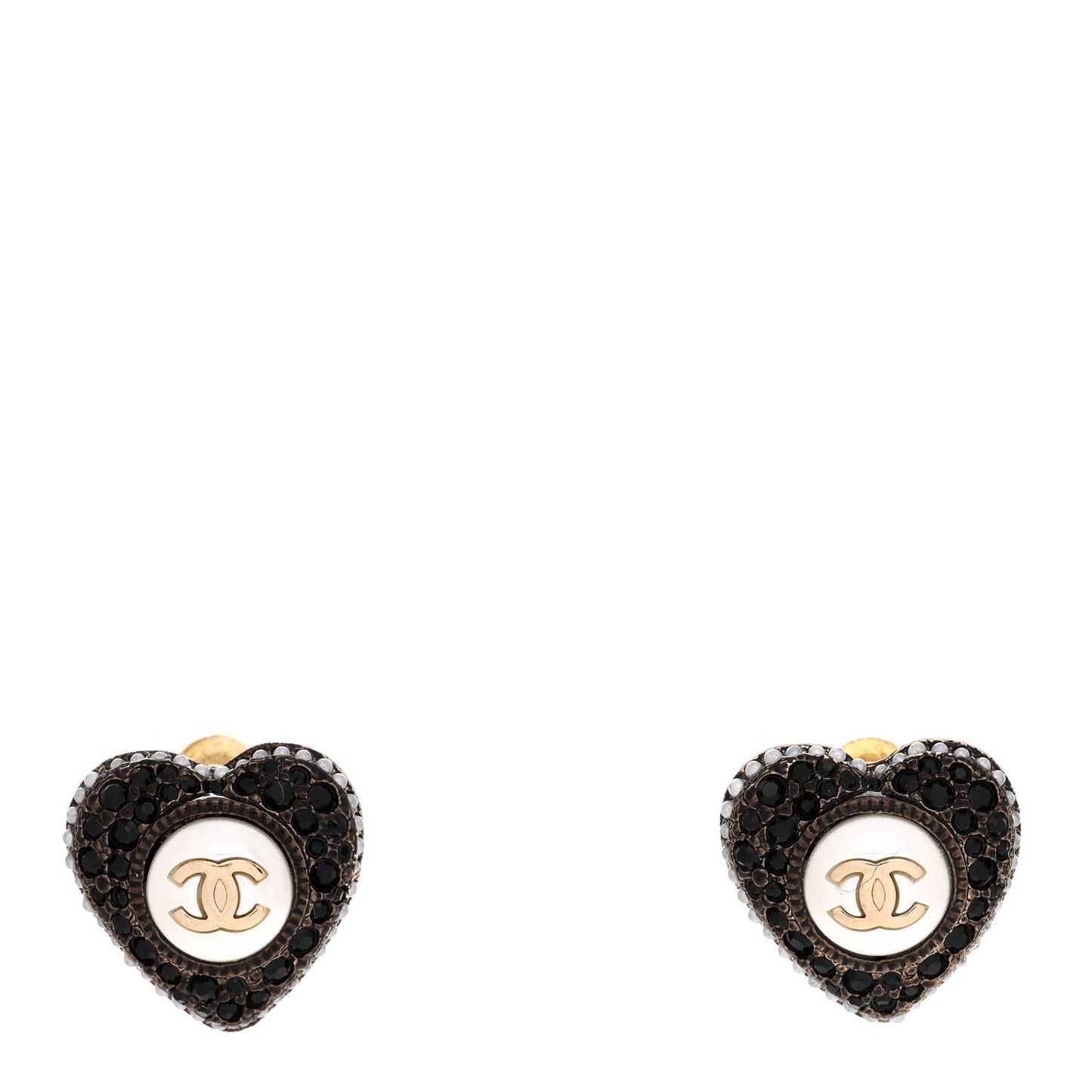 Pearl Crystal CC Heart Earrings Gold Black