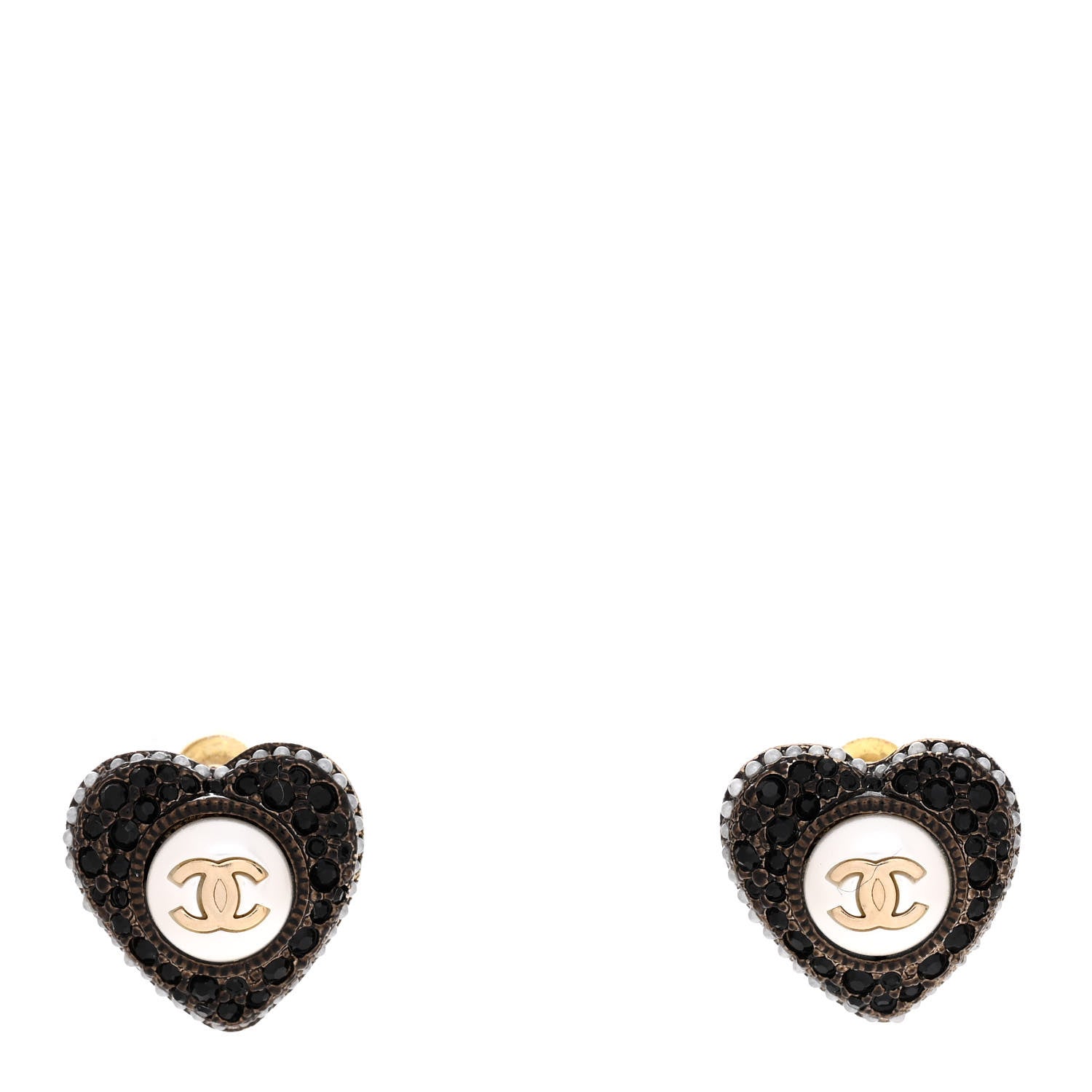 Chanel Pearl Crystal CC Heart Earrings Gold Black 1 of 5