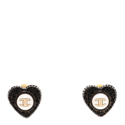 Chanel Pearl Crystal CC Heart Earrings Gold Black 1 of 5