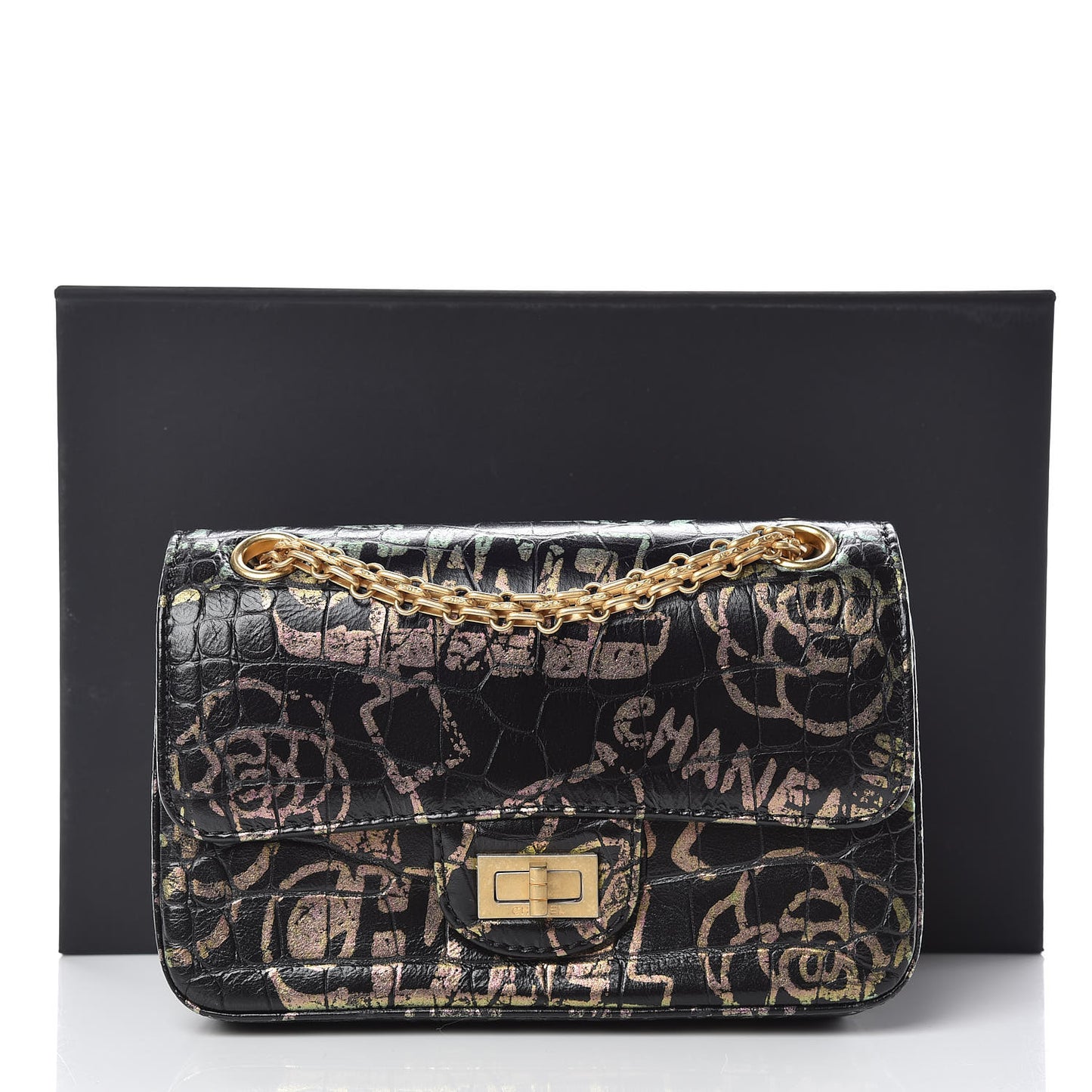 Calfskin Crocodile Embossed Graffiti 2.55 Mini Cocodile Reissue Flap Black Gold
