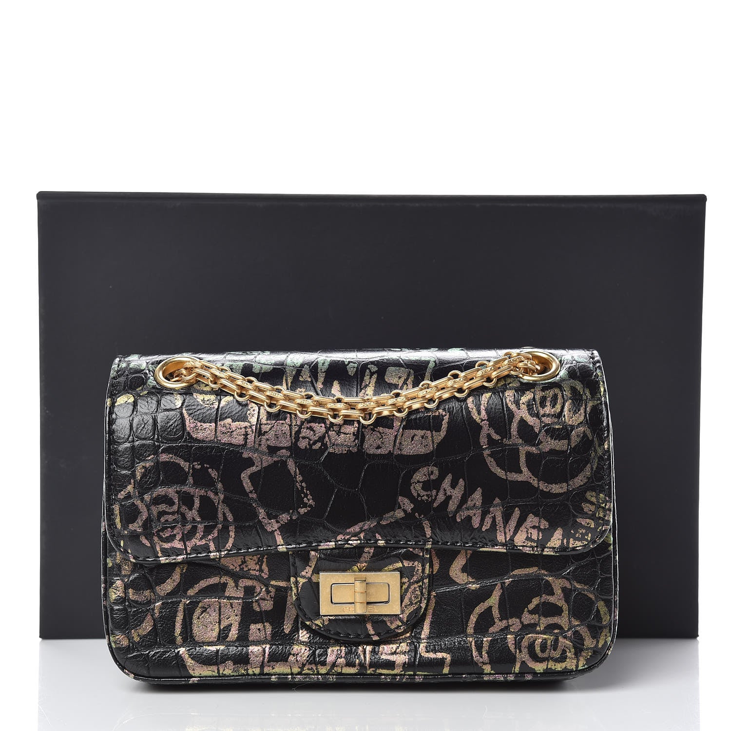 Chanel Calfskin Crocodile Embossed Graffiti 2.55 Mini Cocodile Reissue Flap Black Gold 12 of 12